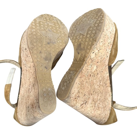 Jimmy Choo Brown Suede Cork Wedge Sandals Ankle Strap Gold Platform Size 39 - Picture 4 of 5